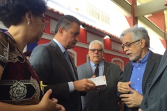 A Diretora da Fiocruz Bahia, o governador da Bahia Rui Costa, o Vice-Diretor da Fiocruz Brasília Wagner Martins e o pesquisador e coordenador do Cidacs (Fiocruz Bahia) Maurício Barreto.